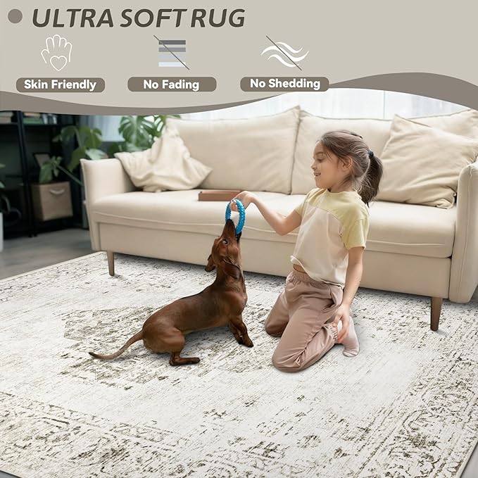 6x9 Area Rugs for Living Room: Washable Vintage Large Retro Rug Soft Non-Slip Indoor Low Pile Carpet for Bedroom Dining Room Nursery Office (Taupe, 6' x 9')