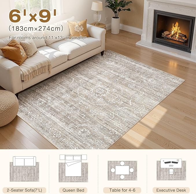 6x9 Area Rug Living Room: Washable Large Vintage Grey Rug Neutral Non-Slip Soft Stain Resistant Indoor Carpet for Bedroom Nursery Dining Room Under Table Bed Home House Office Playroom - Light Brown
