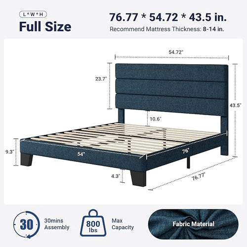 Allewie Full Size Platform Bed Frame with Fabric Upholstered Headboard and Wooden Slats Support, Fully Upholstered Mattress Foundation/No Box Spring Needed/Easy Assembly, Navy Blue