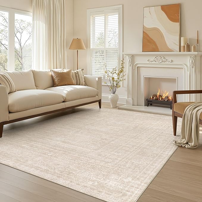 6x8 Area Rug Living Room: Washable Large Vintage Beige Rug Neutral Non-Slip Soft Stain Resistant Indoor Carpet for Bedroom Nursery Dining Room Under Table Bed Home House Office Playroom