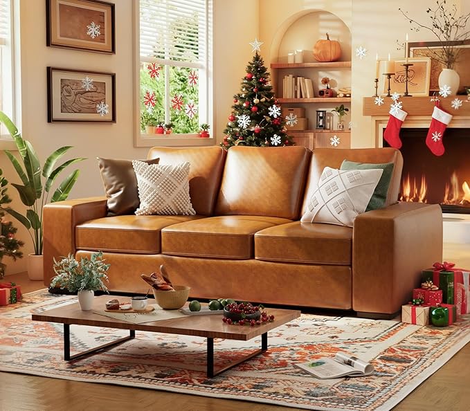 ELUCHANG 85" Luxury 3 Seater Sofa Couch for Living Room, Modern Upholstered Faux Leather Sofas Couches with Extra Deep Seats&Removable Cover, Comfy Sofa Couch for Apartment, Lounge, Brown, 2PCS
