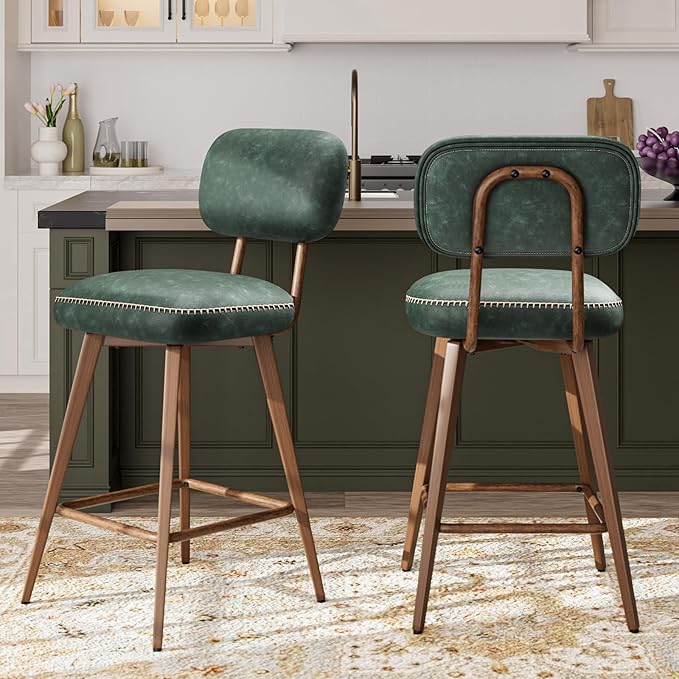 MALOL 26“ Swivel Bar Stools Set of 2, Mid Century PU Leather Counter Height Bar Chairs with Low Back and Metal Legs, Modern Bar Stool Chair for Kitchen Island, Green