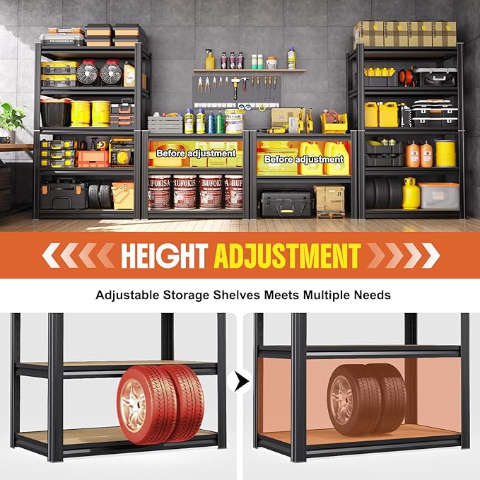 71.2''H Storage Shelves, 2000lbs Garage Shelving,Adjustable Heavy Duty Shelving Unit,5T Tall Garage Shelves，Wood Metal Standing Shelf Units,Utility Rack for Kitchen 2Pack
