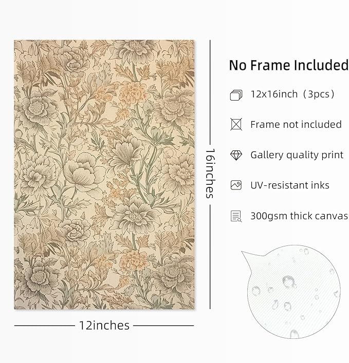 Vintage Flower Wall Art Decor Beige Floral Canvas Wall Art Botanical Rustic Pictures Prints Farmhouse Antique Painting Vintage Flower Poster for Living Room Bedroom 12x16 Inch Unframed Set of 3