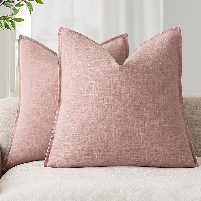 Foindtower Pack of 2, Decorative Linen Soild Throw Pillow Covers Soft Accent Euro Cushion Case Boho Farmhouse Pillowcase for Chair Couch Sofa Bedroom Living Room Home Decor 20 x 20 Inch Rose Pink