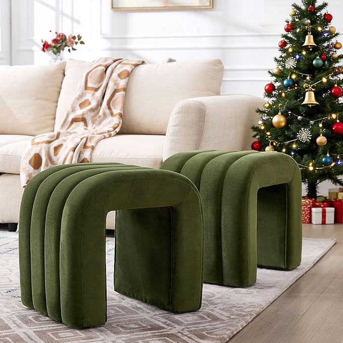 Multi-Functional Ottoman Stool Set of 2, Footrest for Couch, Modern Vanity Stool for Make-up Room, Living Room and Entryway, Small Cute Footstool (Olive Green Velvet)
