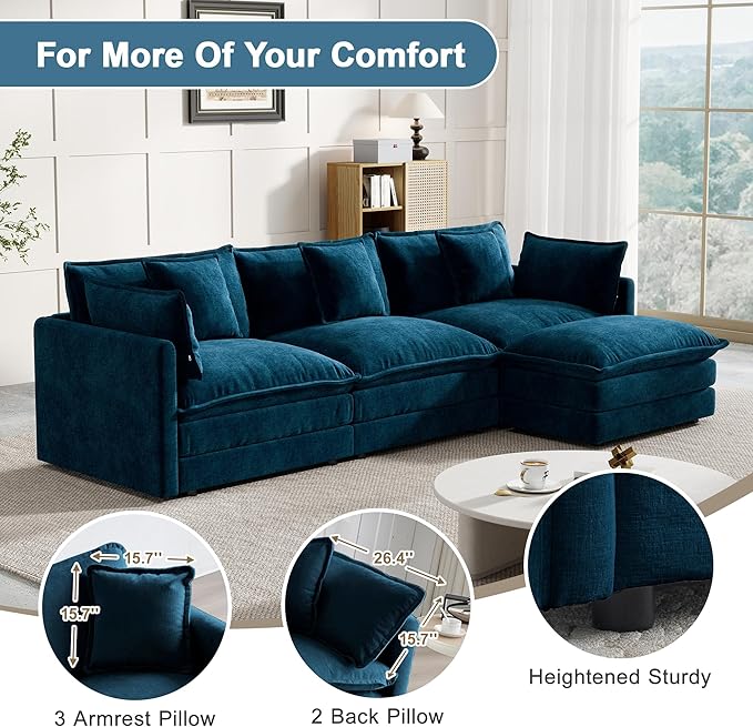 Modular Sectional Sofa, 111.5 Inch L-Shaped Cloud Sofa with Deep Seat Chenille Sofa with Cushions, Three-Self Sectional Sofa for Living Room Apartment,Blue