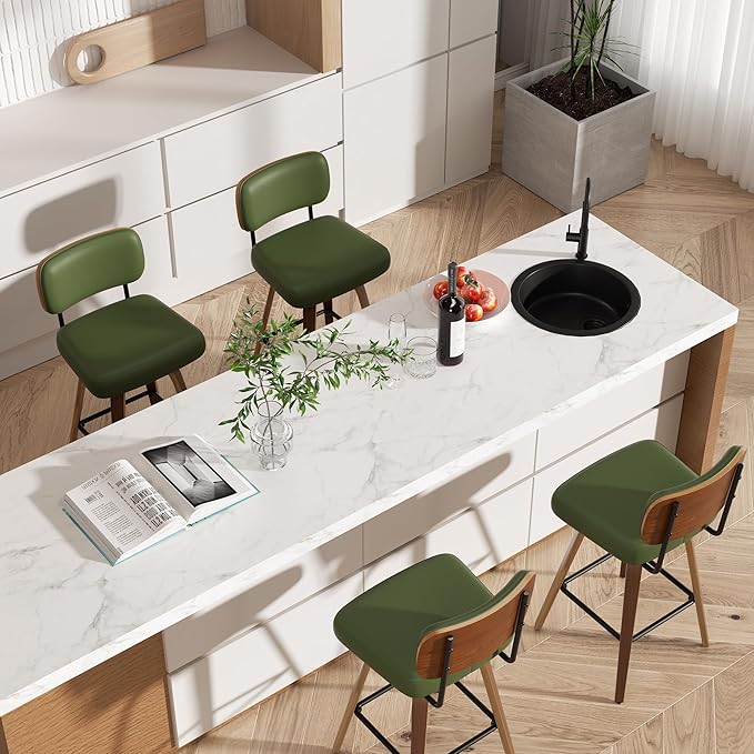 Swivel Bar Stools Set of 4, 26" Upholstered Faux Leather Counter Height Barstools with Walnut Back & Bentwood Legs, Mid Century Modern Bar Chairs Island Stools for Kitchen Counter, Green