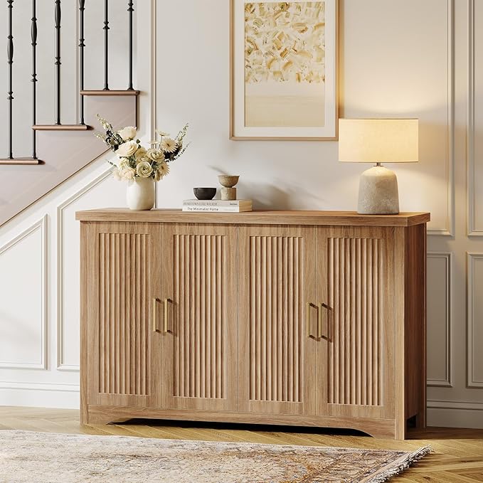 Memobarco Fluted Buffet Cabinet with Storage Accent Sideboard,Modern Credenza with 4 Doors & Adjustable Shelves,Wood Coffee Bar Table Console for Dining Room Kitchen Living Room Entryway,Natural Oak