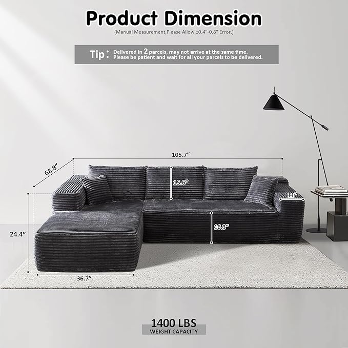 ovios 104" Cloud Boneless Couch with L-Shape Chaise,Modern Sectional Modular Sofa with Deep Seat, Upholstered Couches for Living Room Bedroom,No Assembly Required, Grey (Plush Corduroy Fabric)