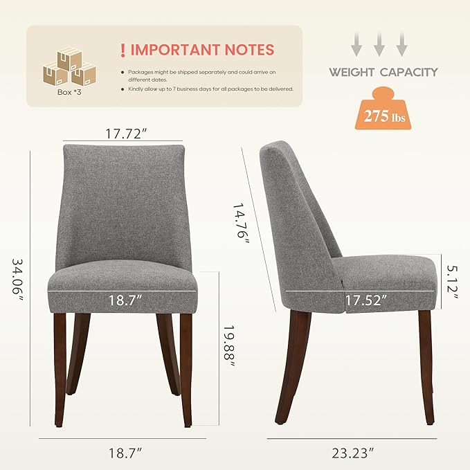 Wooden Dining Chairs Set of 6, Upholstered Farmhouse Fabric Dining Room Chair, Mid Century Kitchen Chair for Restaurant & Cafe, Light Grey