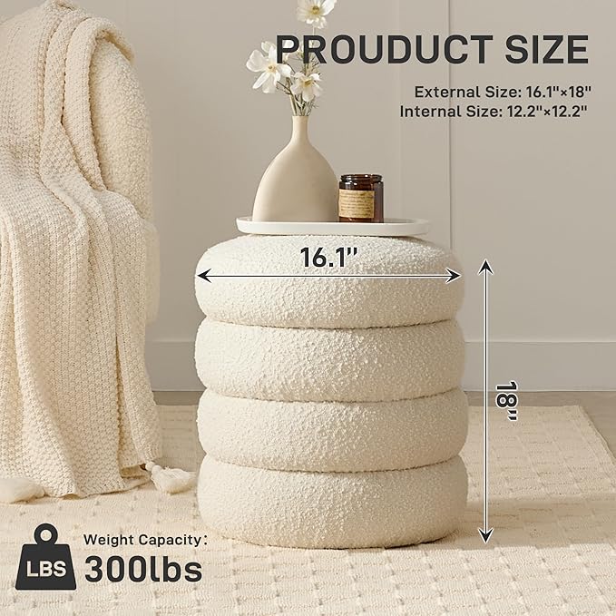 Krcix Round Ottoman with Storage Boucle Ottoman Stool with Storage Removable Lid for Living Room Modern Vanity Sorage Stool Foot Rest Bedroom Dorm Gift Set of 1 (White)
