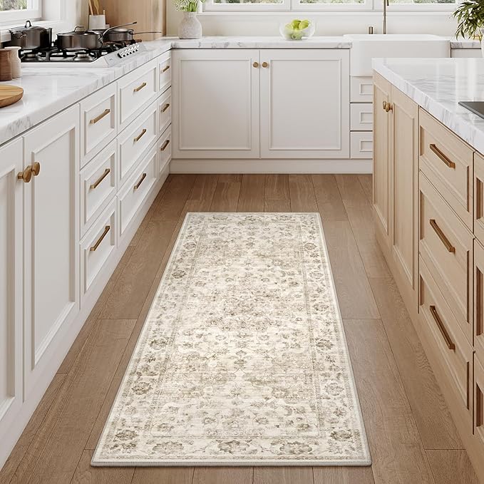 2x5 Washable Neutral Runner Rug Beige Vintage Hallway Kitchen Carpet Non-Slip Soft Low Pile Farmhouse Throw Rug for Bedroom Bathroom Laundry Living Room