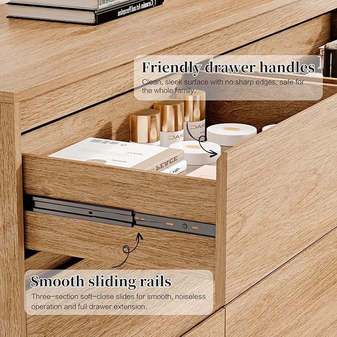Chrangmay 6 Drawer Dresser,47" Wide Mid Century Chest of Drawers,Wooden Bedroom Drawer Dresser with 6 Storage Drawers for Bedroom,Living Room,with Anti-Tipping Device,Natural