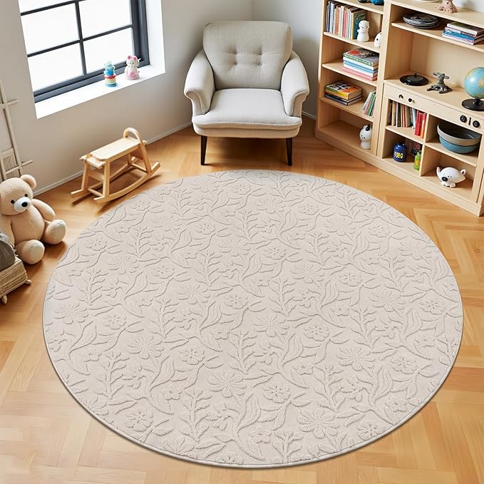Vaukki Round Rug for Living Room, Soft Fluffy Washable Modern Floral Indoor Floor Mat, Non Slip Shaggy Boho Accent Throw Carpet for Bedroom, Living Room, Nursery and Dining Room, Beige, Round-5Ft