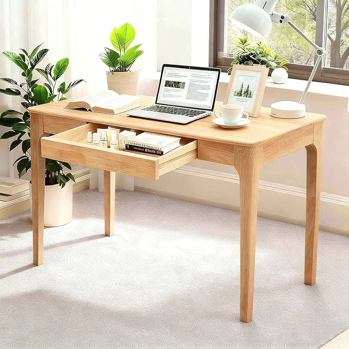Solid Wood Desk,40" Oak Wooden Desk with Drawers,Mid Century Modern Small Computer Desk with Drawers for Small Spaces Home Office Solid Wood Writing Desk, (Wood Color-1 Drawers)