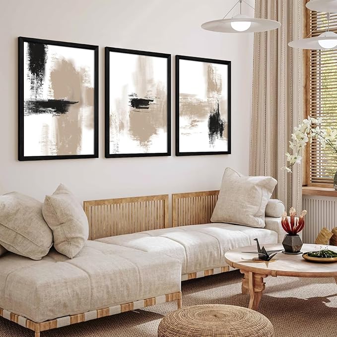 Joocrise Beige Abstract Wall Art Painting Set of 3 Neutral Canvas Wall Art Prints Black Beige Modern Wall Decor Minimalist Art Pictures Abstract Modern Artwork for Room Bedroom 16x24 Inch Wood Framed