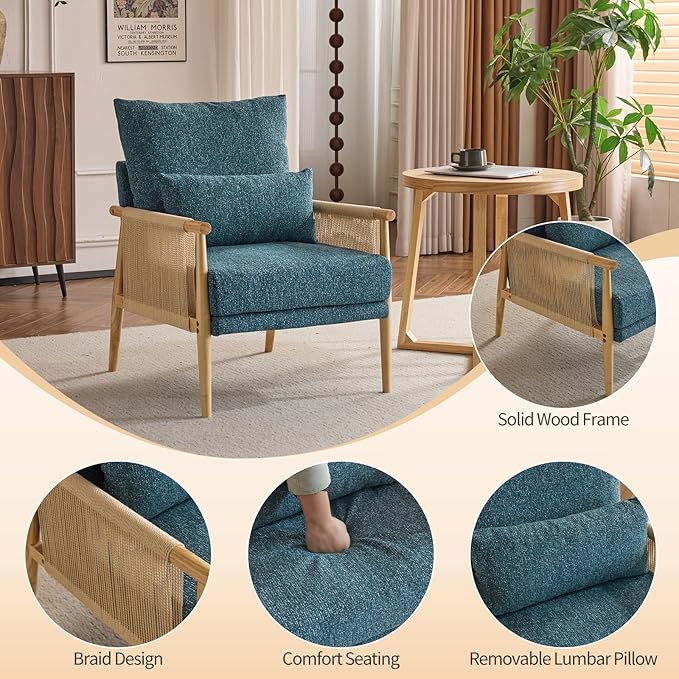 Karl home Cozy Chenille Accent Chair with Lumbar Pillow & Rattan Arms Modern Lounge Chair for Living Room, Bedroom, Reading Nook, Blue & Green
