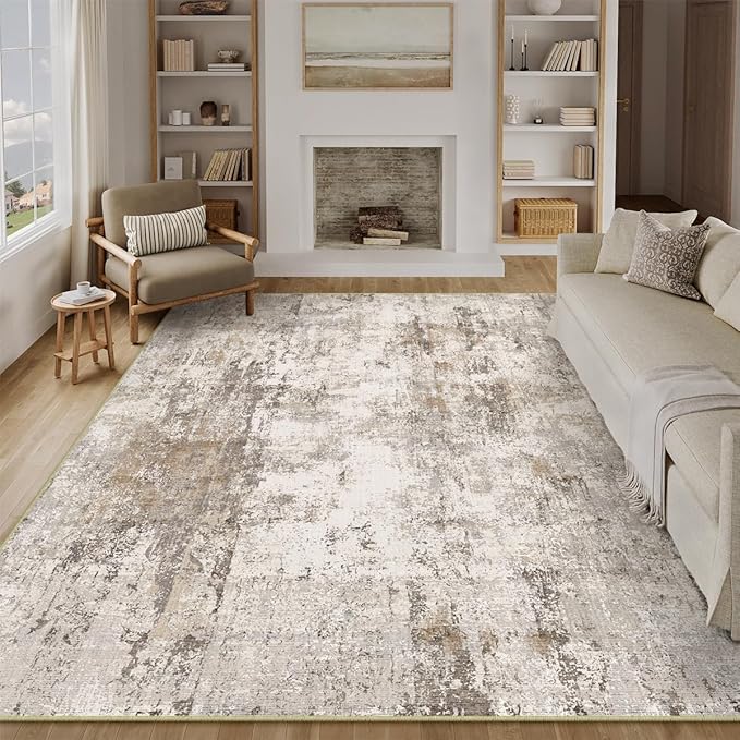 9x12 Washable Area Rug Brown Grey Abstract Non Slip Soft Low Pile Rug for Living Room Bedroom Dining Room Office Neutral Modern Indoor Large Throw Carpet for Home Decor