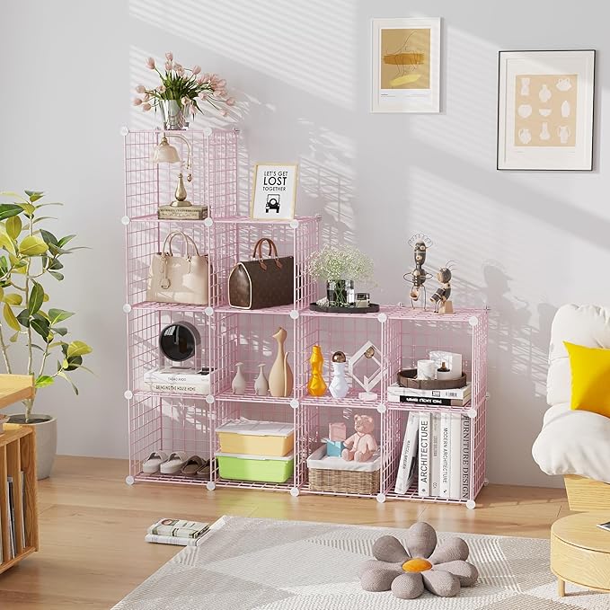 C&AHOME Wire Cube Storage, 12 - Cube Organizer Metal C Grids, Modular Shelves Units, Closet Organizer, Ideal for Home, Office, Living Room, 36.6”L x 12.4”W 48.4”H, Pink UWCS3012P