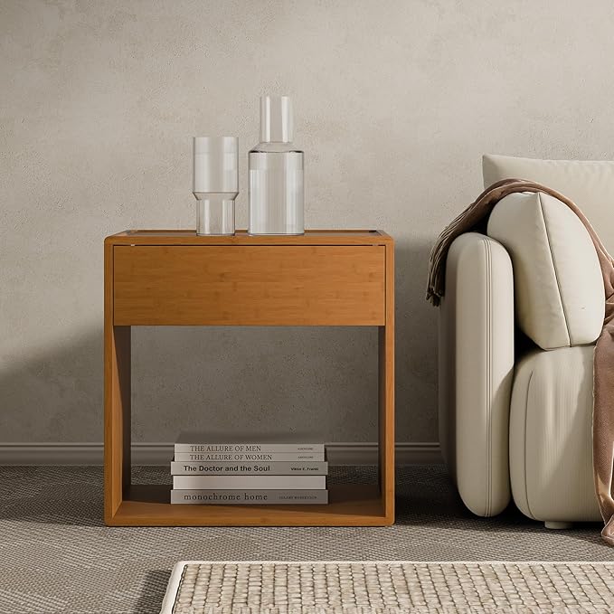 RECCI Solid Bamboo Nightstand, Sustainable Curved Classic Mid-Century Modern Wood Bedside Table with Soft-Close Drawer, Handle-Free Design, Open Shelf Storage, No Assembly Required (Walnut)