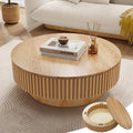39.37'' Round Coffee Table with Storage, Modern Fluted Circle Coffee Table Unique Drum Low Center Tea Table with Solid Wood Veneered for Living Room, Mesas De Centro para Sala, Natural