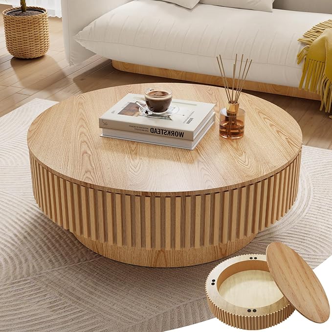 39.37'' Round Coffee Table with Storage, Modern Fluted Circle Coffee Table Unique Drum Low Center Tea Table with Solid Wood Veneered for Living Room, Mesas De Centro para Sala, Natural