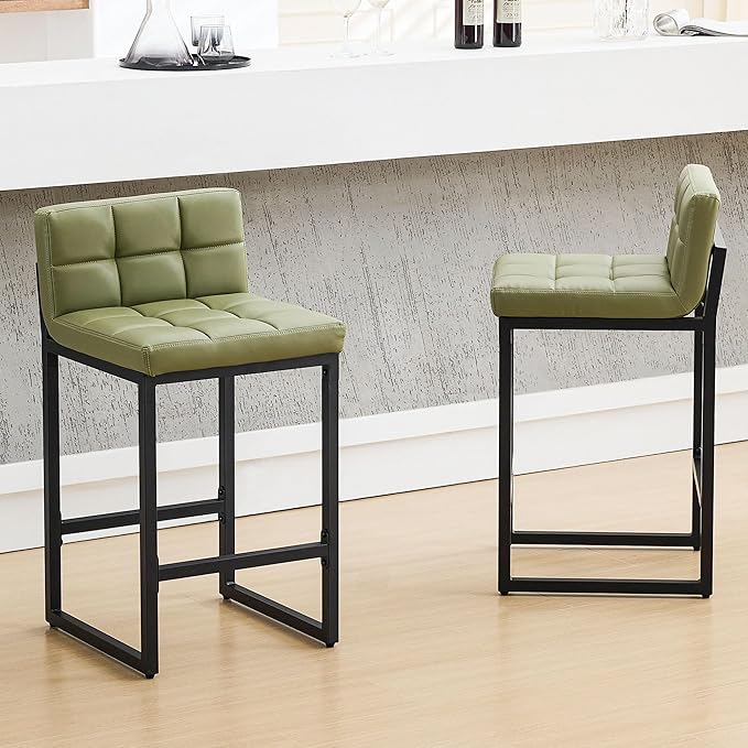 FIRAVOE Counter Height Bar Stools Set of 2, Modern Faux Leather Counter Stools with Low Back and Footrest, Upholstered Bar Chairs for Kitchen Island, Bar (Avocado Green, 2Pcs 26" Counter Stools)