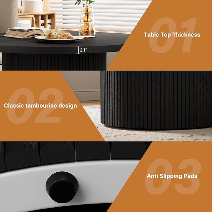 Furniway Round Coffee Table, 35.4" Circle Wide Coffee Table, Wood Table and Center Table for Living Room, Black