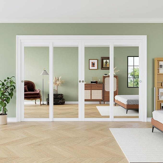 120" x 80" Sliding Closet Door, 1-Lite One-Side Mirror Bypass Door Panel with Hardware Track Kit & Floor Guide, Solid Wood Slab Pre-Assembled with PVC Surface, Silver Round Handle