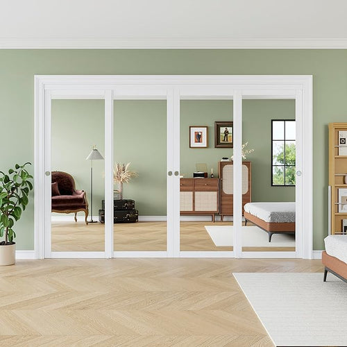 120" x 80" Sliding Closet Door, 1-Lite One-Side Mirror Bypass Door Panel with Hardware Track Kit & Floor Guide, Solid Wood Slab Pre-Assembled with PVC Surface, Silver Round Handle