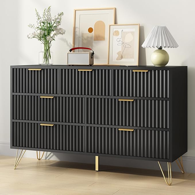 Black Dresser for Bedroom, 7 Drawers Dresser with Golden Handles, Modern Wood Chest for Living Room, Hallway, Entryway