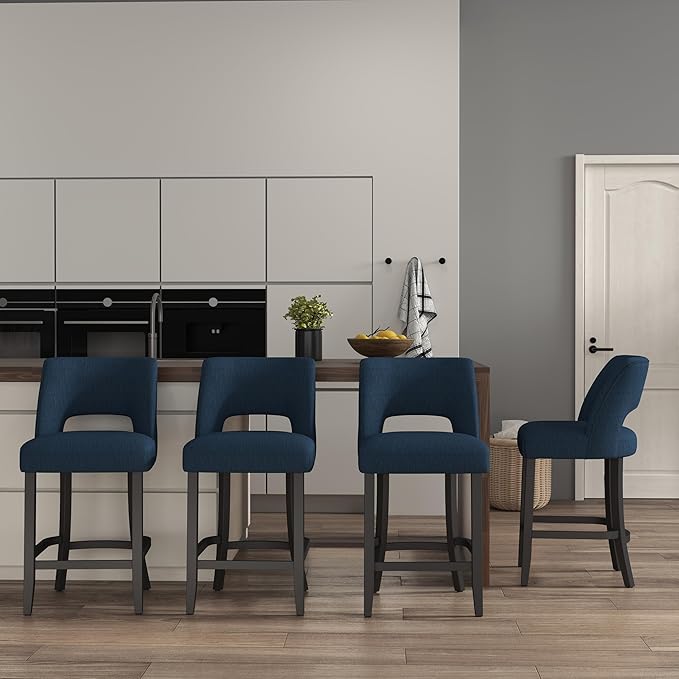 VKNOW Bar Stools Set of 4, Modern Counter Height Bar Stools, 26" Upholstered Counter Stools with Black Wood Legs for Kitchen Island Dining Room Bar, Blue-Black Legs