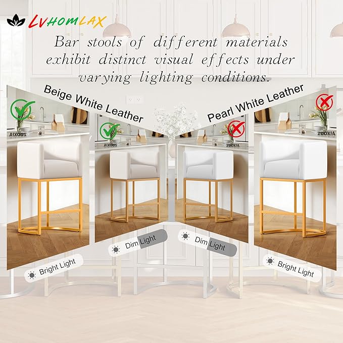 Modern Counter Height Bar Stools,Bar Stools Set of 2,PU Leather Upholstered Barrel Barstools with Backs,26'' Kitchen Island Chairs,Metal Gold Frames,Beige White Leather