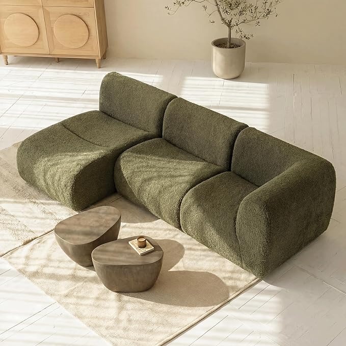 105" Curved Sectional Sofa with Chaise, Boneless 3 Seater Modular Couch, Reversible L-Shaped Couches with High-Density Foam, Modern Lounge Comfort Sherpa Sofas for Living Room – No Assembly, Green