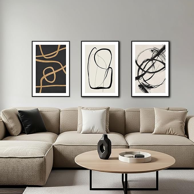 SAFERRYHOME Abstract Graffiti Black and White Wall Art Black and Gold Framed Canvas Print Set, Mid-Century Modern Geometric Sketches Lines for Living Room, Bedroom, Office - 3 Panels 16x24 Inch