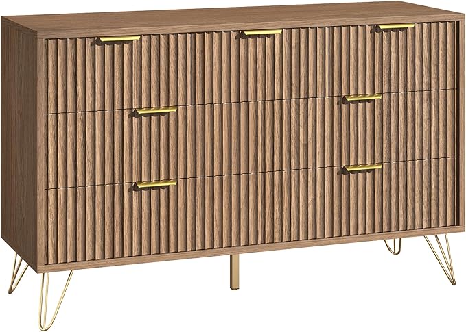 Fluted 7 Drawers Dresser for Bedroom, Wood Dressers with Scratch-Proof Golden Handles, Natural Curved Profile, Modern Chest for Living Room, Hallway, Entryway, Natural Oak