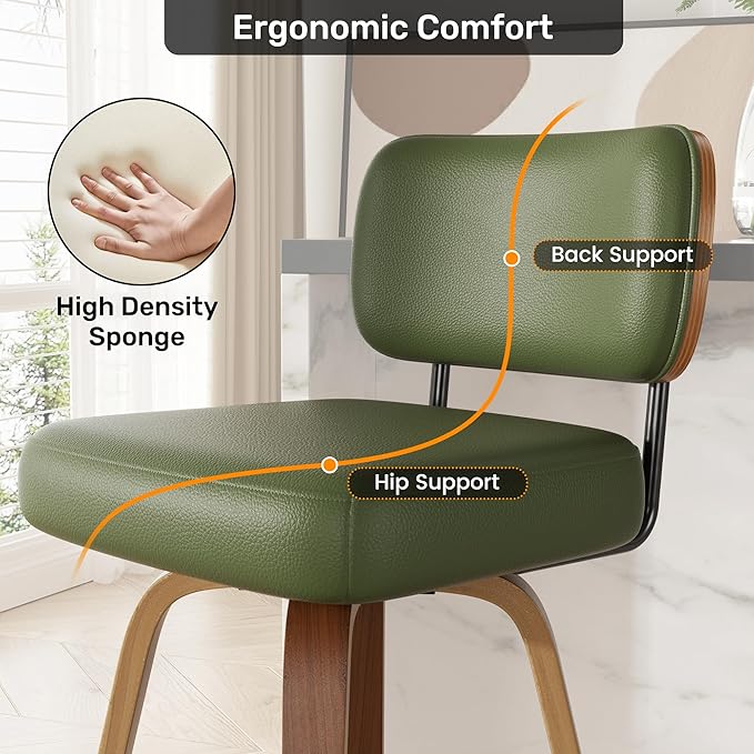 Swivel Bar Stools Set of 4, 26" Upholstered Faux Leather Counter Height Barstools with Walnut Back & Bentwood Legs, Mid Century Modern Bar Chairs Island Stools for Kitchen Counter, Green