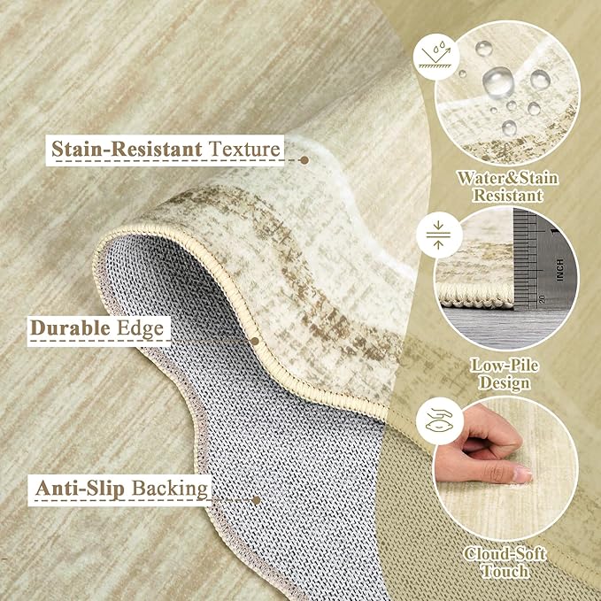 Garvee Scalloped 8x10 Rugs Washable Area Rugs for Living Room,Modern Stain Resistant Solid Rug for Bedroom, Scalloped Low Pile Non-Slip Neutral Rug for Farmhouse Dining Room Home Office Dorm,Beige