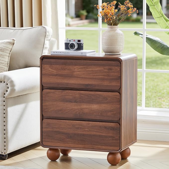 AVZEAR Wooden Night Stand wth 3 Drawer Dresser Mid Century Modern End Table Chest of Drawers, Solid Wood Legs & Curved Profile Design, Farmhouse Side Table for Living Room, Walnut