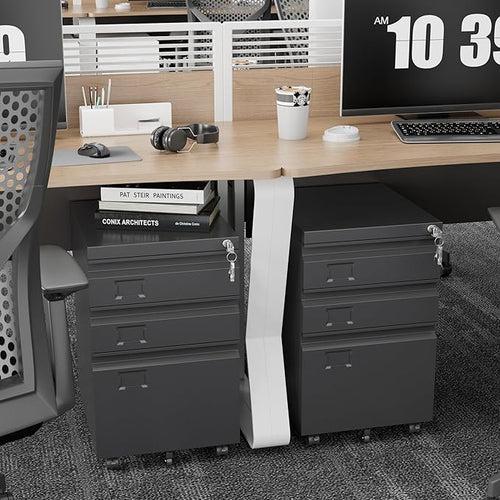 Aobabo 3 Drawer Metal File Cabinet with Lock, Heavy Duty Under Desk Rolling Filing Cabinet for Home Office Organizer, Mobile Pedestal with 5 Wheels for Letter and Legal Size, Black,Required Assembly