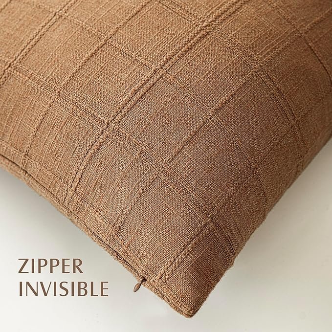 Foindtower Set of 2 Decorative Linen Check Throw Pillow Covers Neutral Farmhouse Lumbar Cushion Covers Modern Boho Home Decor for Sofa Chair Couch Bedroom Living Room,12×20 Inch,Brick