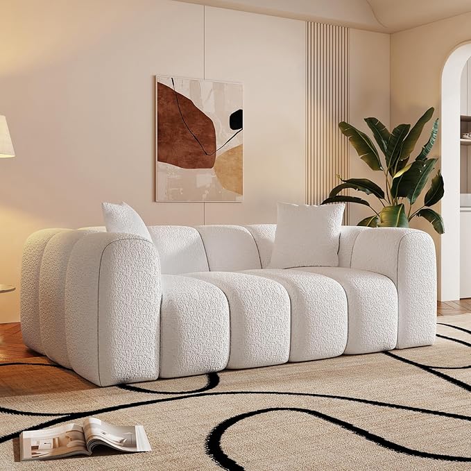 WHGBJA 70" Modern Chenille Fabric Sofa Couch – One-Piece Memory Foam 3-Seater Sofa with Rounded Arms, Soft & Cozy Upholstery for Living Room (White)