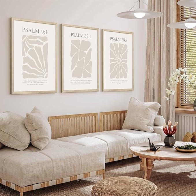 Scripture Christian Wall Art Set of 3 Beige Bible Verses Wall Decor Neutral Psalm Canvas Wall Art Modern Pictures Flower Prints Christian Artwork for Living Room Bedroom 12x16 Inch Framed