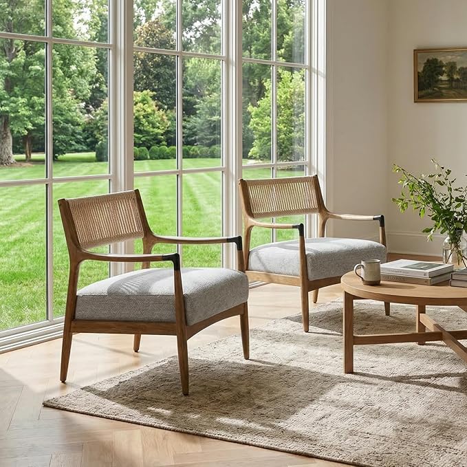 Ya-Home Mid-Century Modern Accent Chair with Woven Rope Back, Upholstered Linen Fabric Armchair with Solid Wood Frame for Living Room Bedroom, 1PC, Patterned