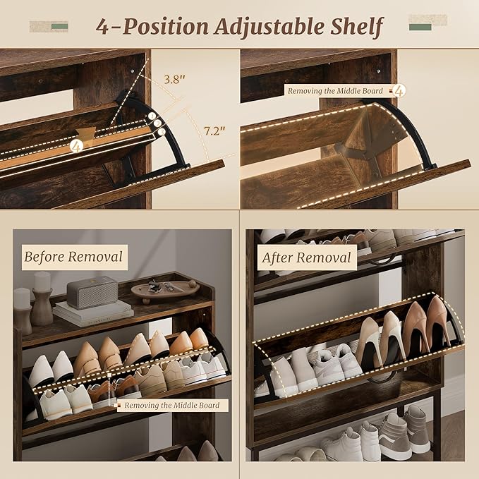 Cozyman Narrow Shoe Storage Cabinet with 2 Flip Drawers & Adjustable Shelf for Entryway, Freestanding Hidden Slim Shoe Organizer Rack, Rustic Brown