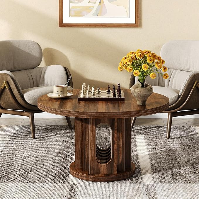 knoworld 31.5" Round Coffee Table, Small Wooden Circle Center Table Hole Panel Splice Design Coffee Tables for Living Room, Thickened Edge MDF Board, Walnut