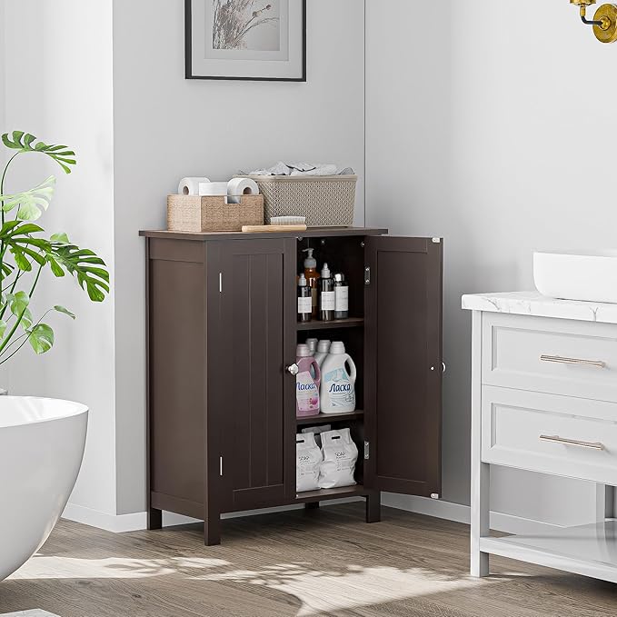 SUPER DEAL Modern Bathroom Floor Storage Cabinet with Adjustable Shelf and Double Door Rust Proof, Living Room Modern Home Furniture Storage Organizer Cabinet, Brown