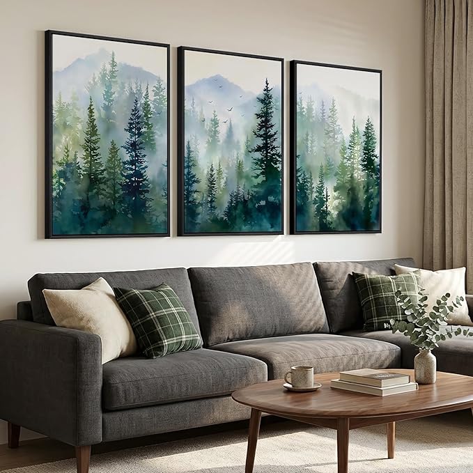 Large Framed Green Forest Landscape Wall Art for Living Room, 3 Piece Pine Tree Foggy Mountain Watercolor Canvas Artwork for Walls, Nature Scenic Modern Wall Decor for Dining Room Hallway, 24x36 Inch