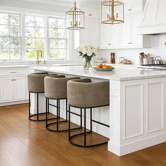 ClinQ 26" H Counter Height Bar Stools Set of 2, Modern Barrel Counter Stools with Backrest and Arms, Black Metal Frames, Chenille Fabric Upholstered Accent Barstools for Kitchen Island, Brown